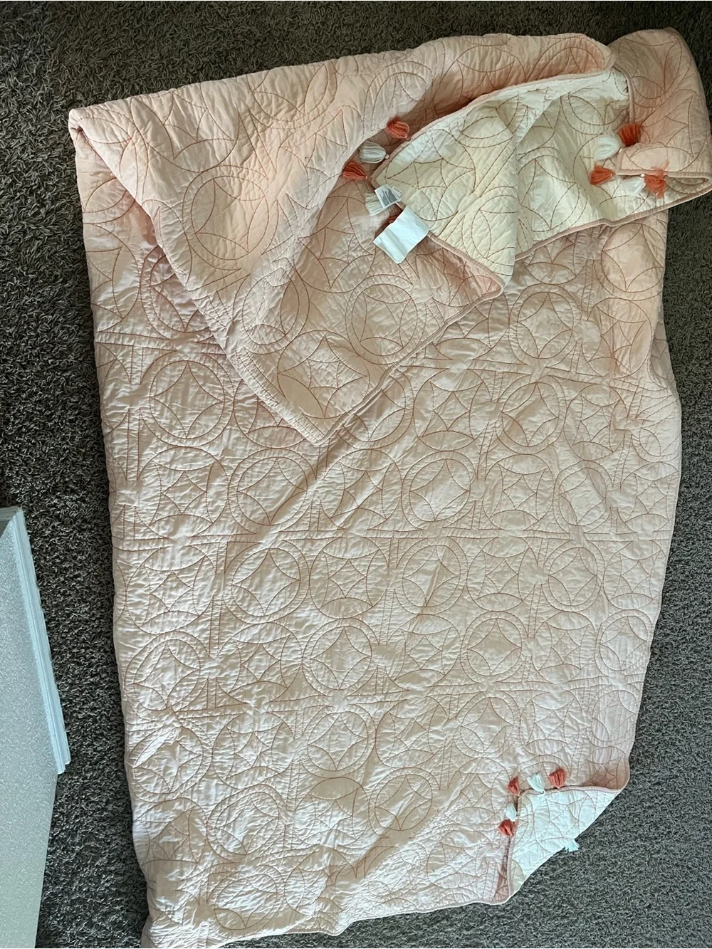 Anthropologie Peach Queen Quilt and Quilted Euro Shams with Tassel Accents
